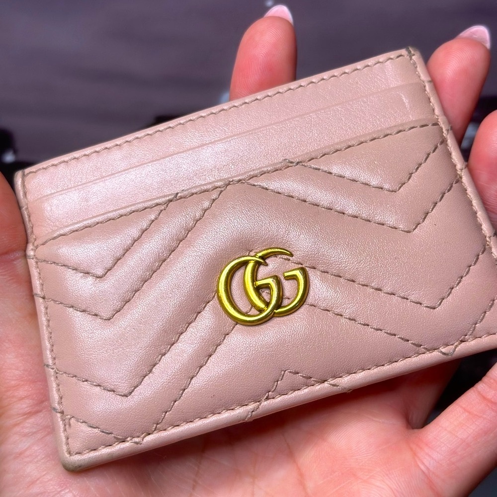 Gucci Quilted Leather GG Marmont Card Case PORCELAIN ROSE